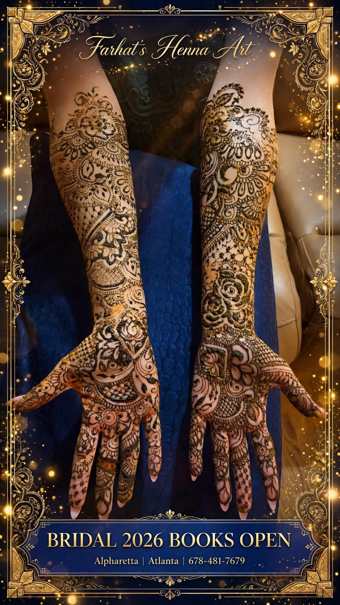 Elaborate full-length bridal henna in a gold-framed Farhat’s Henna Art showcase